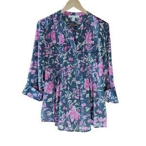 Juniper and Lime Grey And Pink Women's Tunic - Lightweight Button-Neck SzL